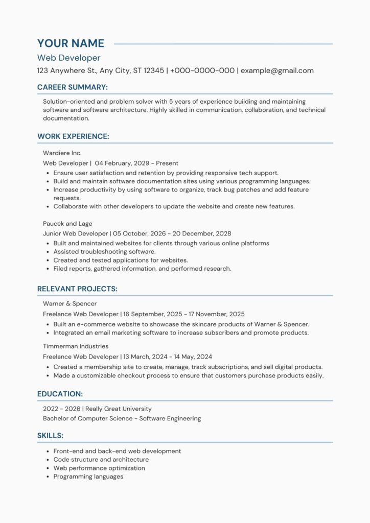 single vertical coulmn formate of professional resume