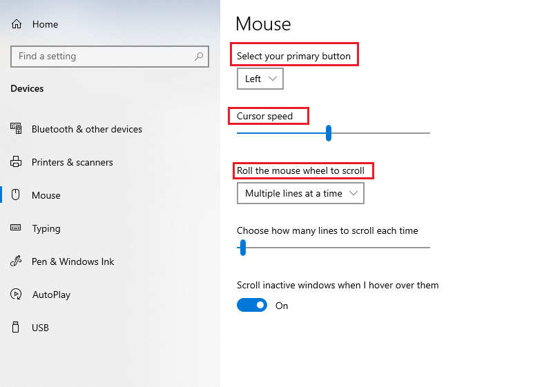 Setup in Mouse Properties