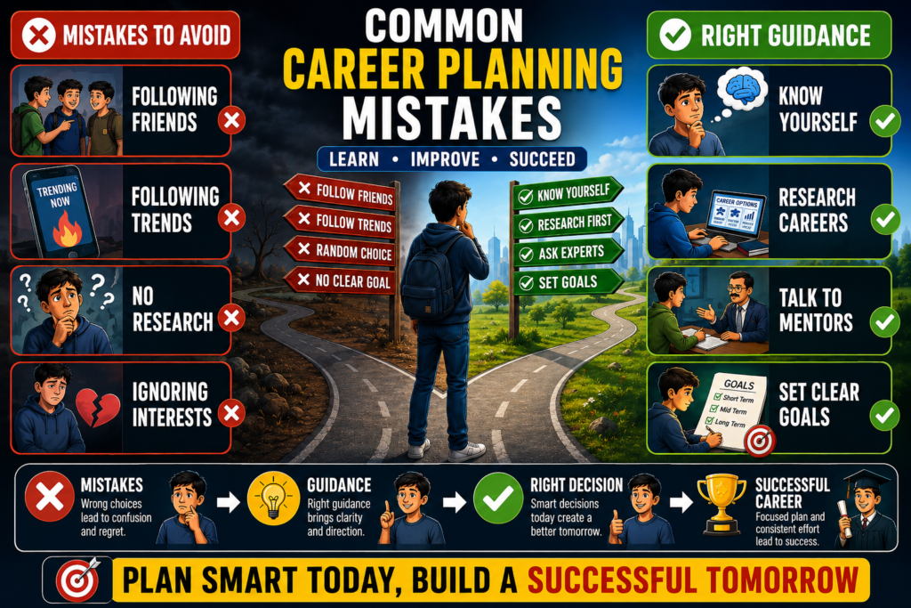 This image helps students understand common mistakes in Career Planning. Shows how proper Career Guidance can help them make a better Career Choice and It explains that with the right information, research, and goal setting, students can choose the Right Career and achieve Career Success.