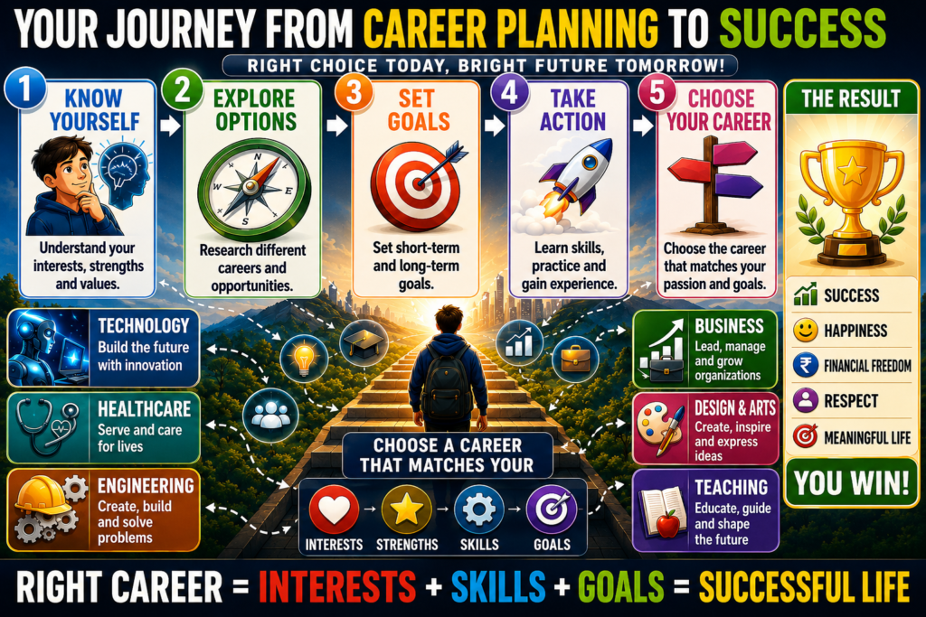 This image helps students understand the complete process of choosing the Right Career and It shows the journey from Career Planning and Career Guidance to Career Choice and Career Success, helping students choose a career based on their interests, skills, and goals etc.