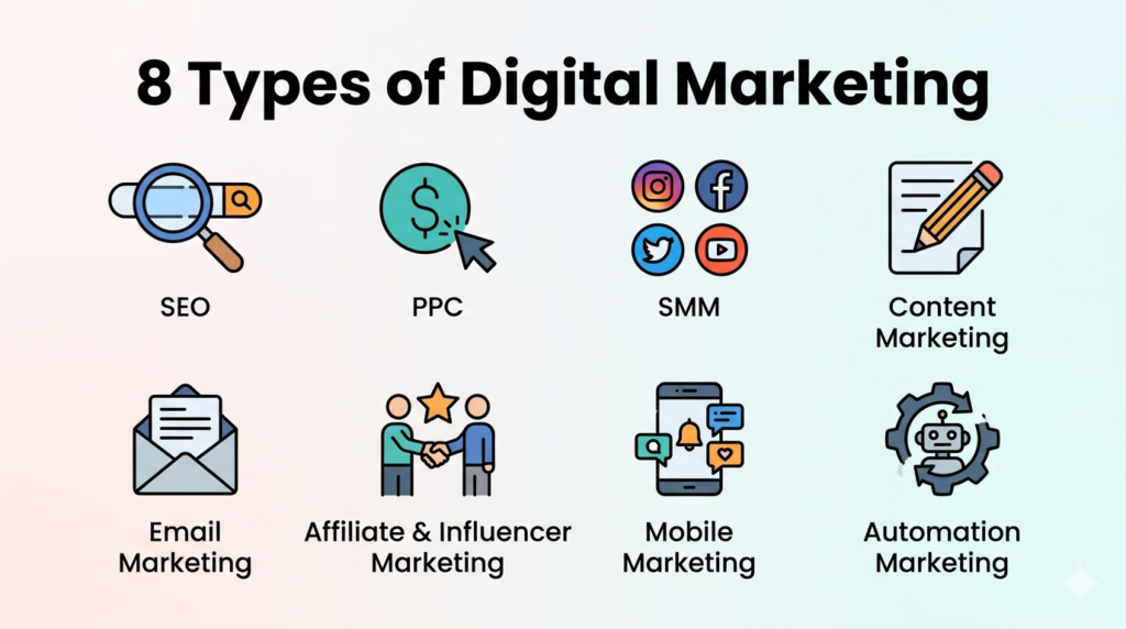 What is Digital Marketing? A Complete Beginner’s Guide for 2026. 4 How Many types of Digital marketing?
SEO
Email Marketing
Affiliate Marketing