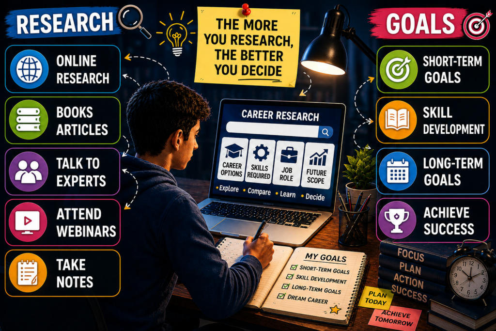 This image shows students that research is an most important part of Career Planning. It explains how proper Career Guidance, the right information, and clear goals help students make a better Career Choice, choose the Right Career, and achieve Career Success.
